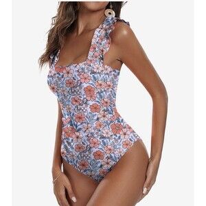 Women's One Piece Swimsuit Square Neck Tummy Control floral Adjustable ruffle S